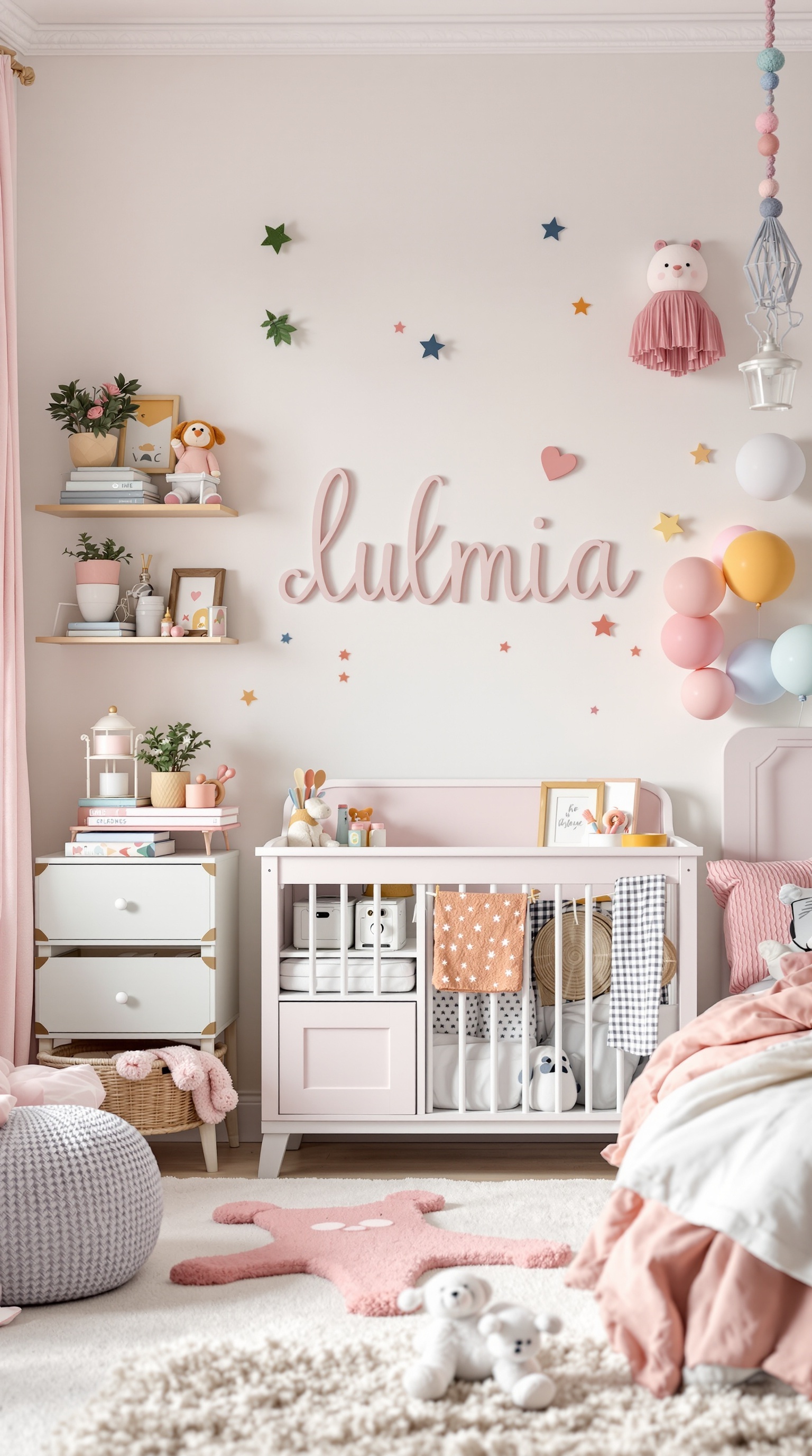 A toddler girl's bedroom featuring personalized name decor with the name 'Lulmia' on the wall, colorful stars, and playful elements.