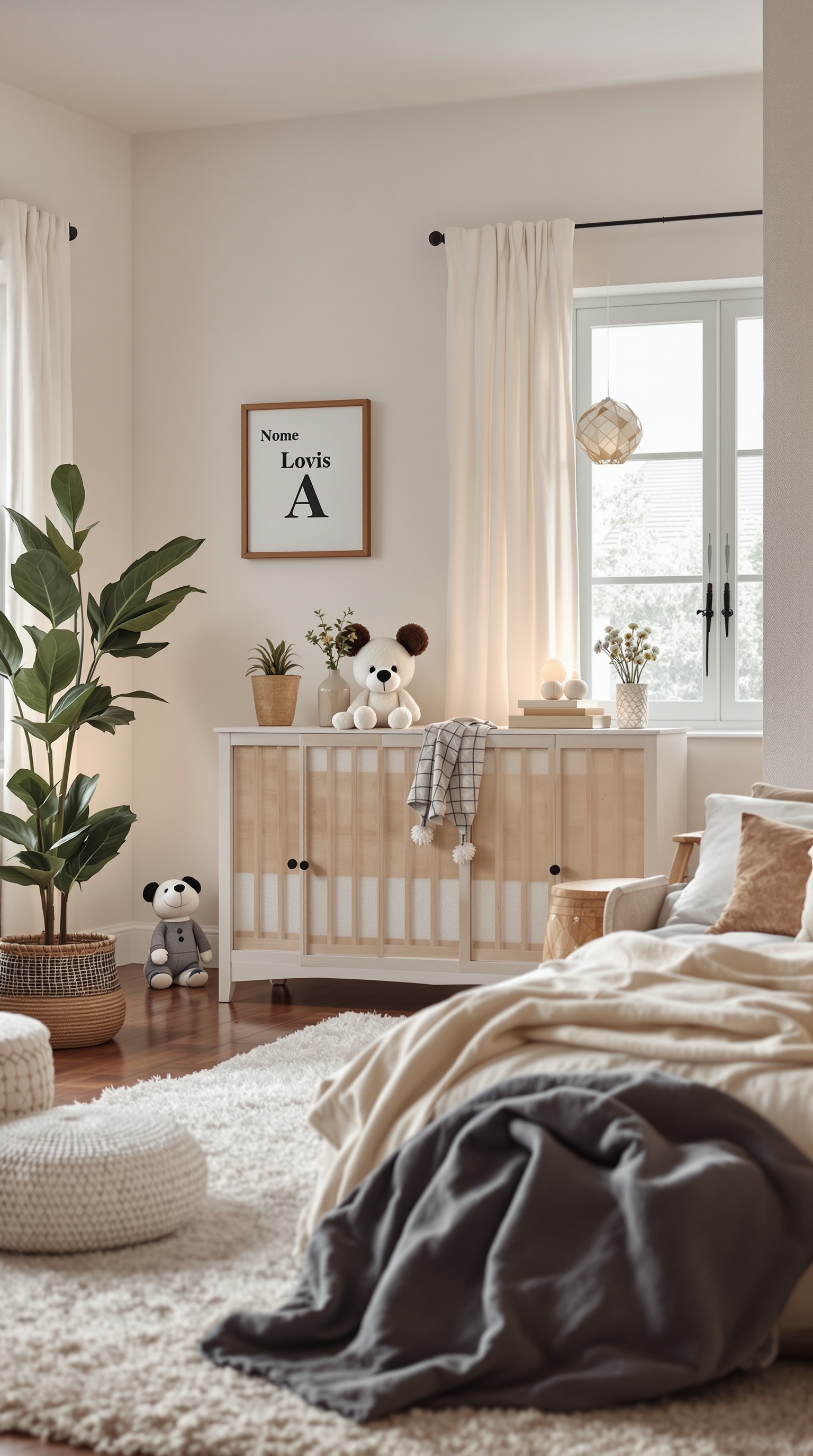 A cozy baby boy bedroom featuring personalized name decor with the name 'Lovis' framed on the wall.