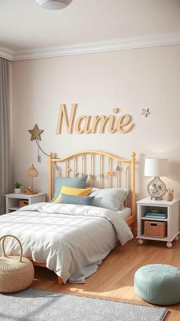 A cozy kids bedroom featuring personalized name decor above the bed.