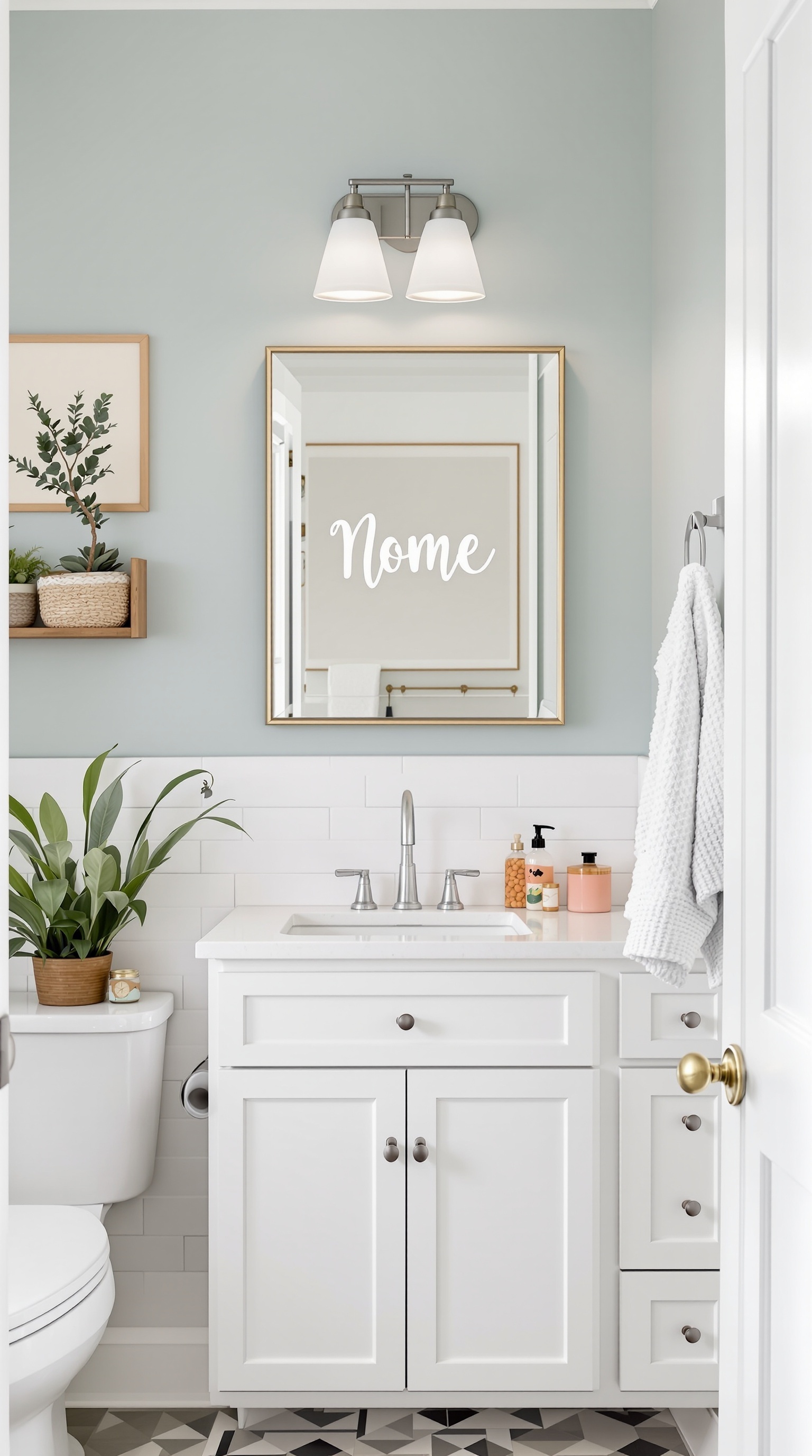 A kids' bathroom with a personalized name display on the mirror.