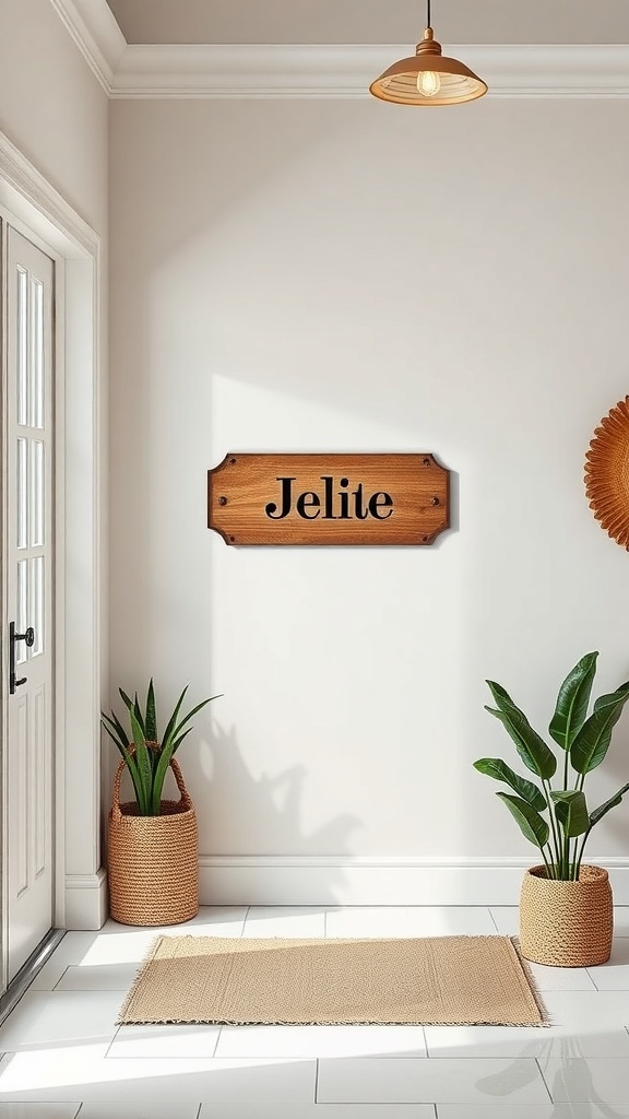 Personalized wooden name plaque with the name 'Jelite' displayed in a stylish entryway