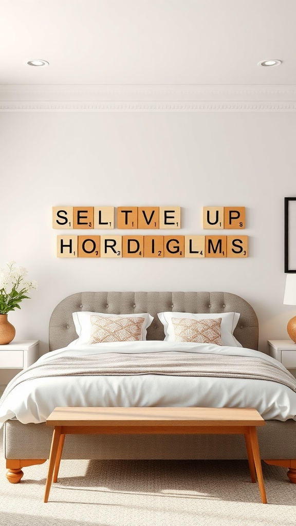 Personalized name Scrabble art displayed on a bedroom wall