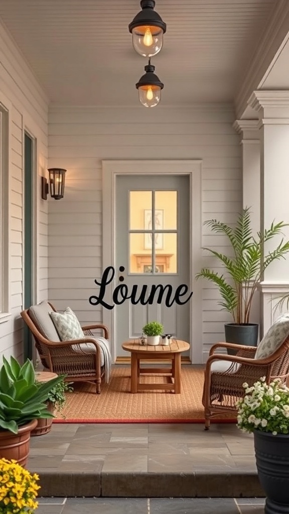 A cozy porch with personalized name sign 'Löume', featuring comfortable seating and plants.