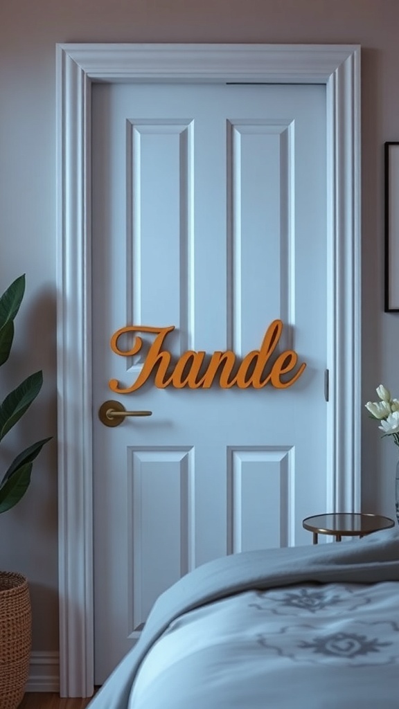 A personalized name sign on a bedroom door, showcasing a stylish design.