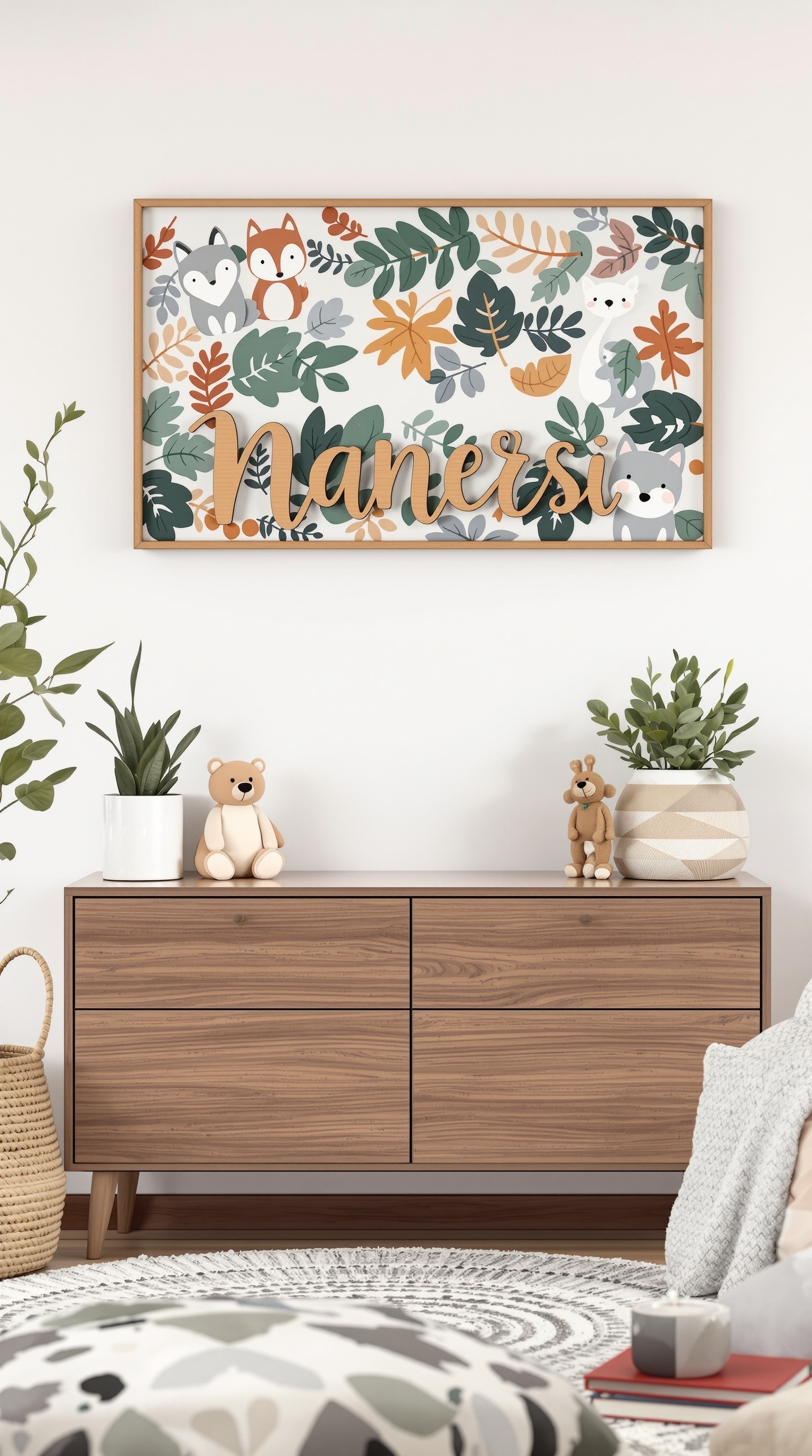 A personalized name sign with forest motifs featuring cute animals and leaves.