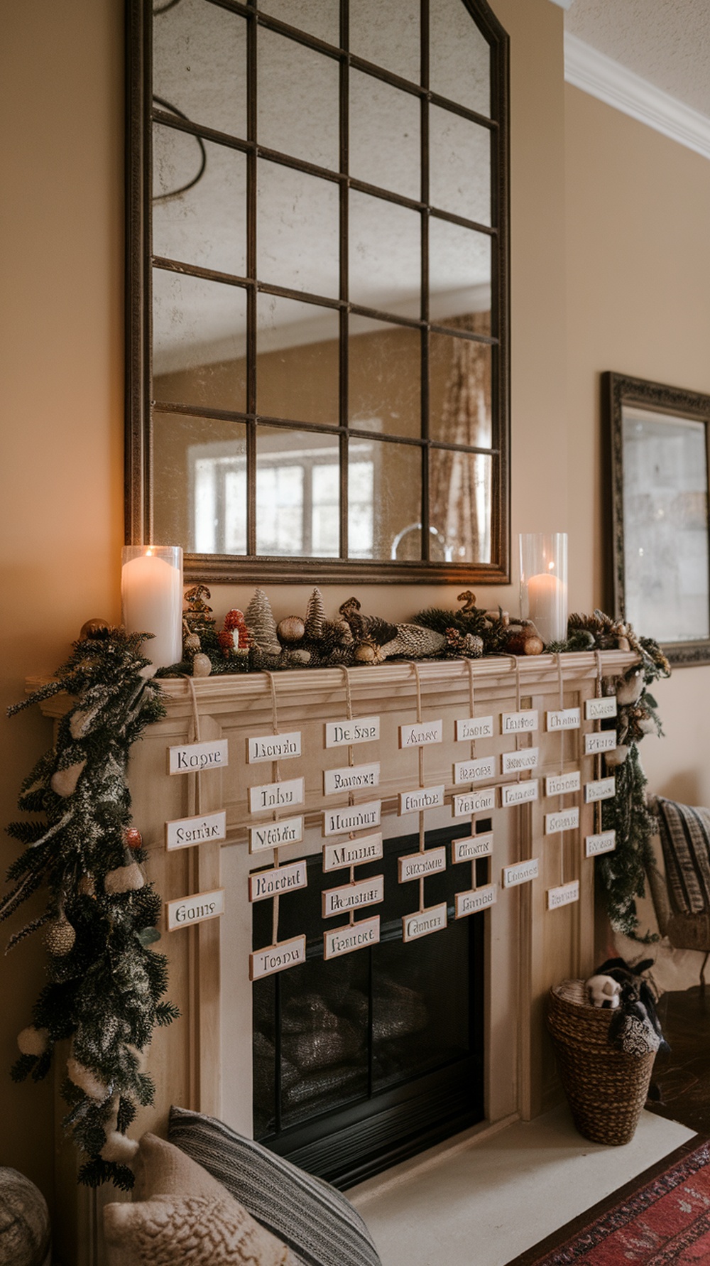 A beautifully decorated mantel with personalized name tags, candles, and festive decor.