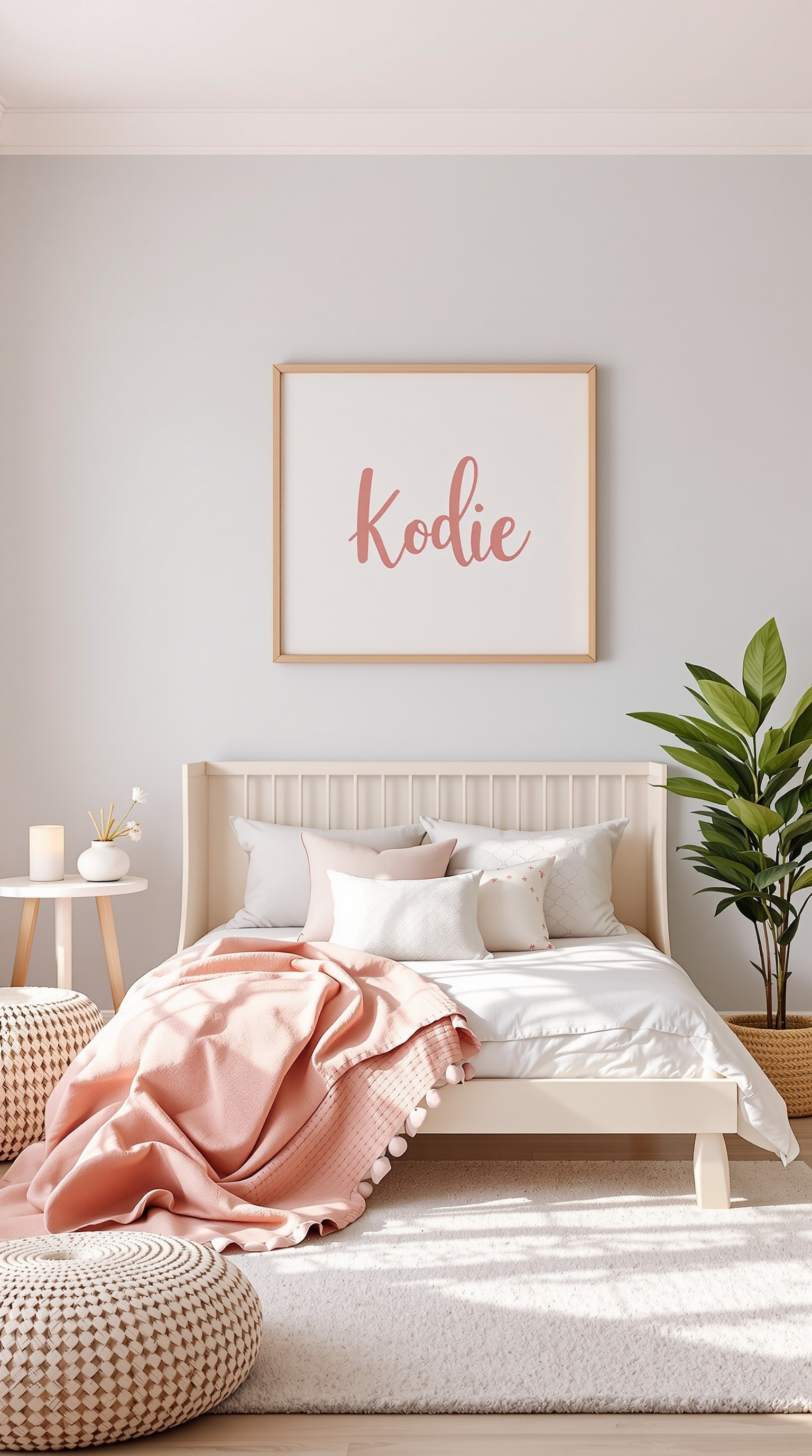 Personalized name wall art featuring the name 'Kodie's' in pink, framed above a cozy bed in a toddler girl's bedroom.