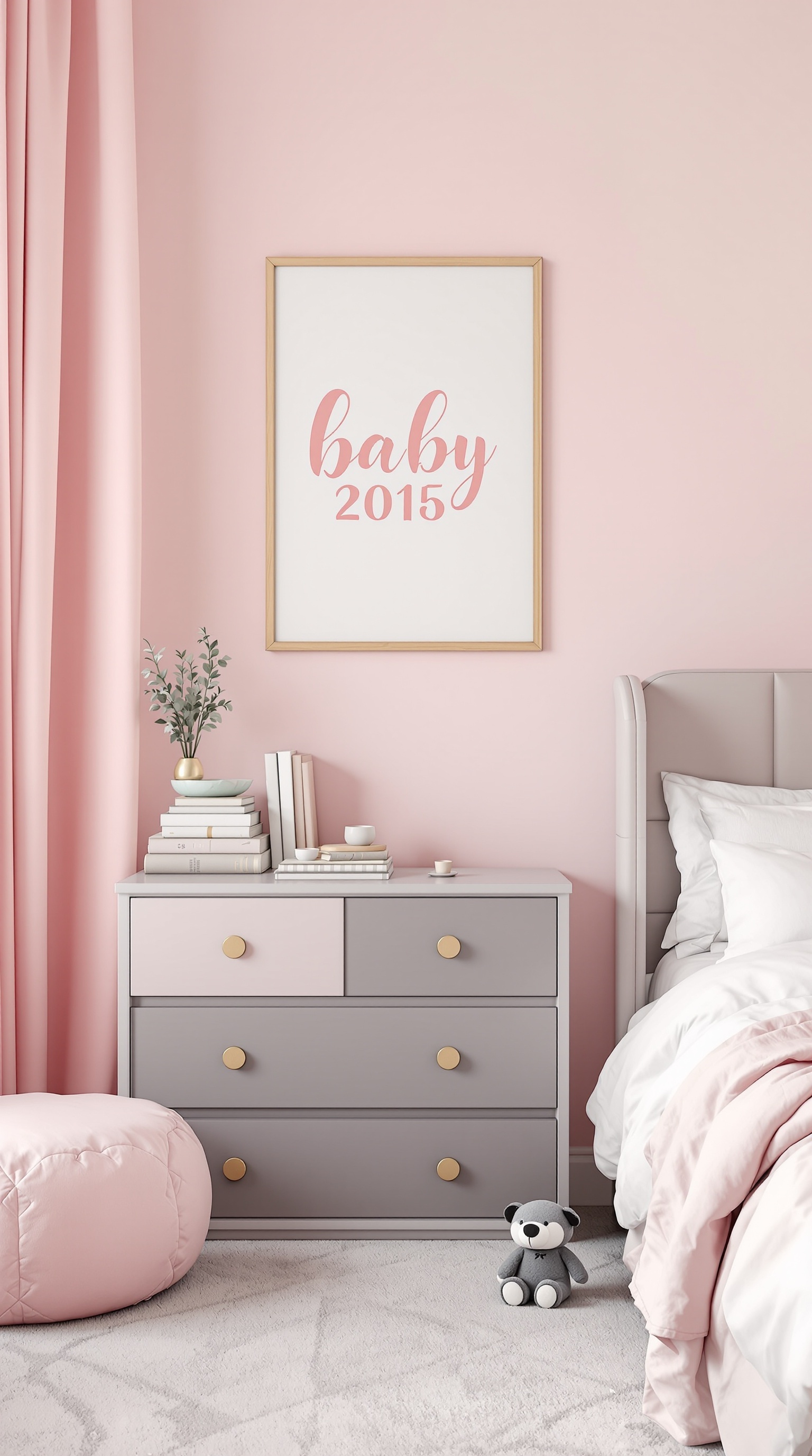 A baby girl bedroom featuring personalized name wall art that says 'baby 2015' in pink, with a gray dresser and soft furnishings.