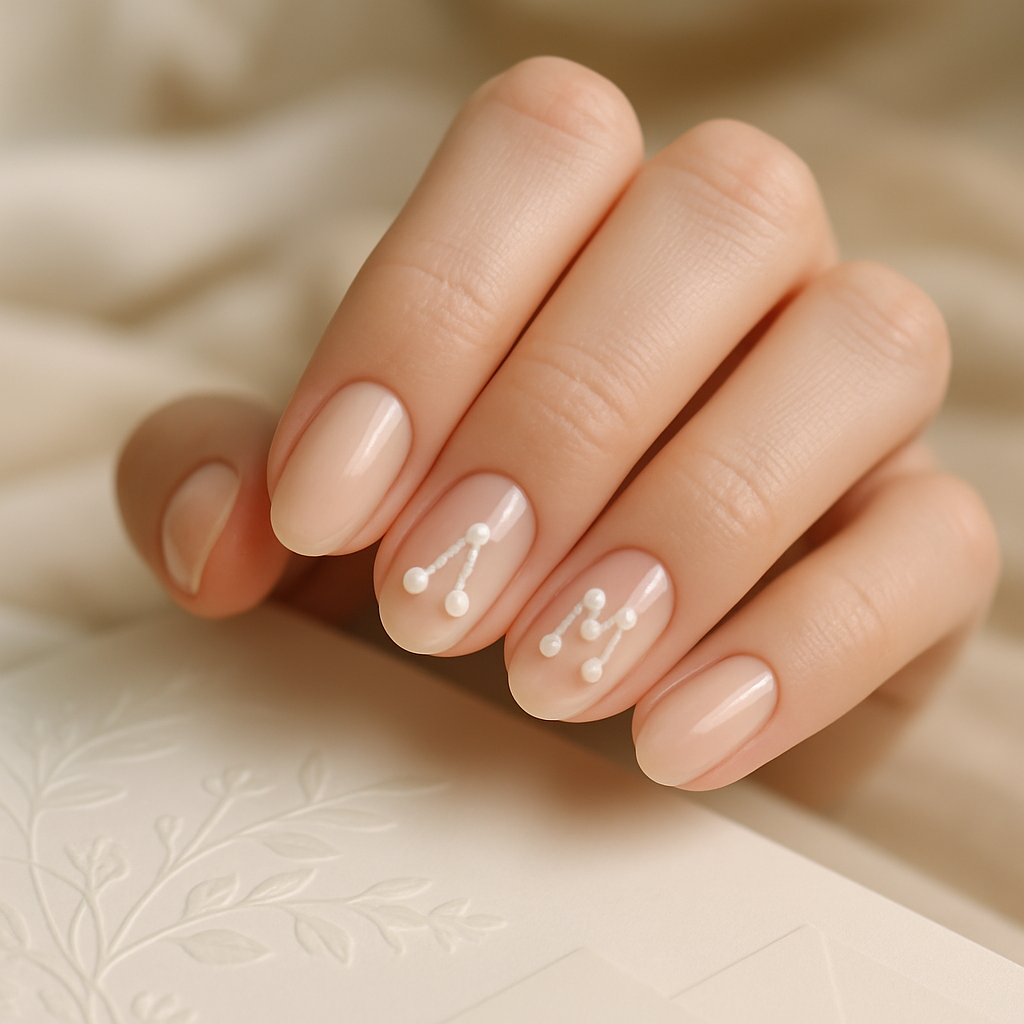 A close-up of a hand with nude nails featuring pearl designs, perfect for a wedding.