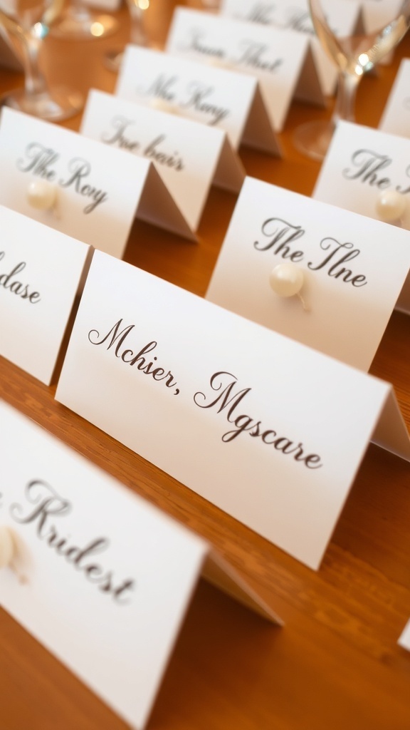 Elegant personalized place cards for a bridal shower themed around pearls