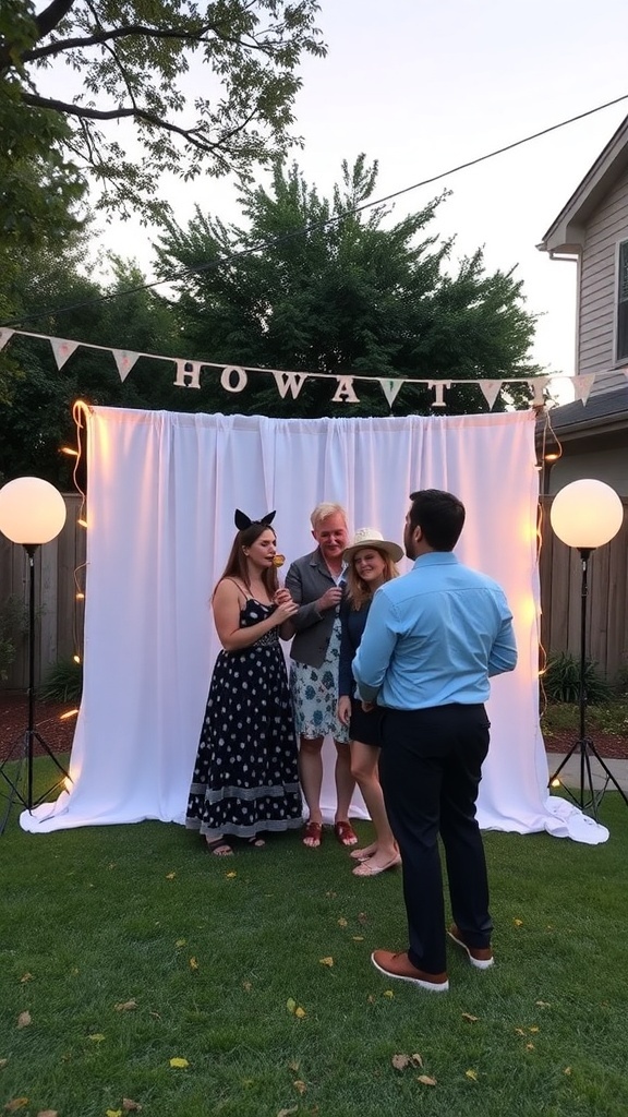 A backyard bridal shower photo booth with guests posing in front of a white backdrop.