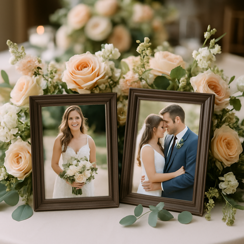 Elegant bridal shower centerpieces featuring framed photos of the couple surrounded by soft flowers.