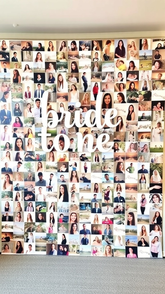 A personalized photo collage wall featuring numerous photos celebrating the bride-to-be.
