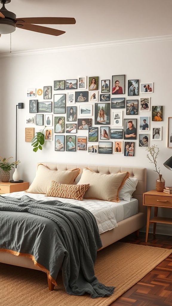 A cozy dorm room with a personalized photo collage on the wall, showcasing various framed pictures.