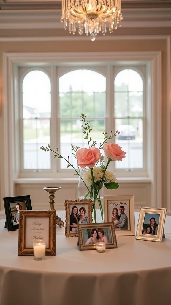 Elegant bridal shower centerpiece featuring personalized photo frames and flowers