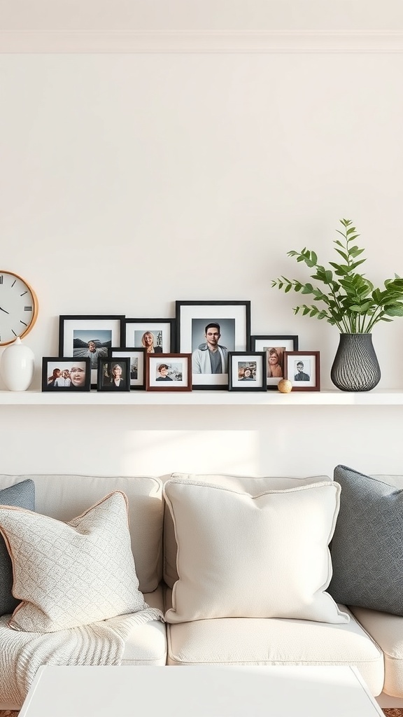 A cozy living room with a shelf displaying personalized photo frames and a plant.