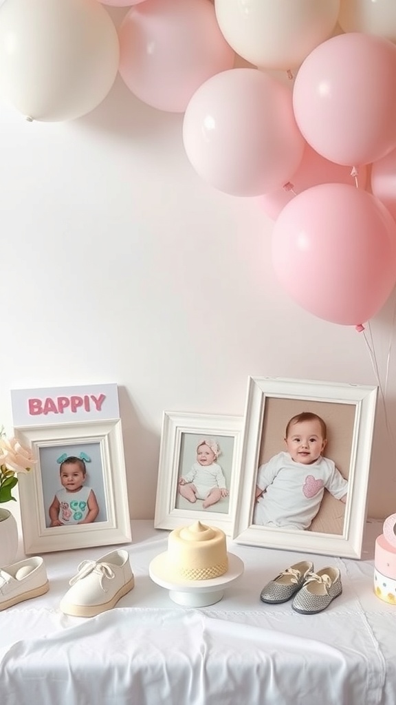 A display of personalized photo frames with baby pictures, surrounded by balloons and baby shoes.