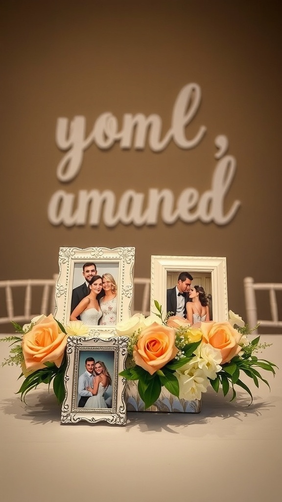 Personalized photo frames surrounded by flowers used as wedding centerpieces.