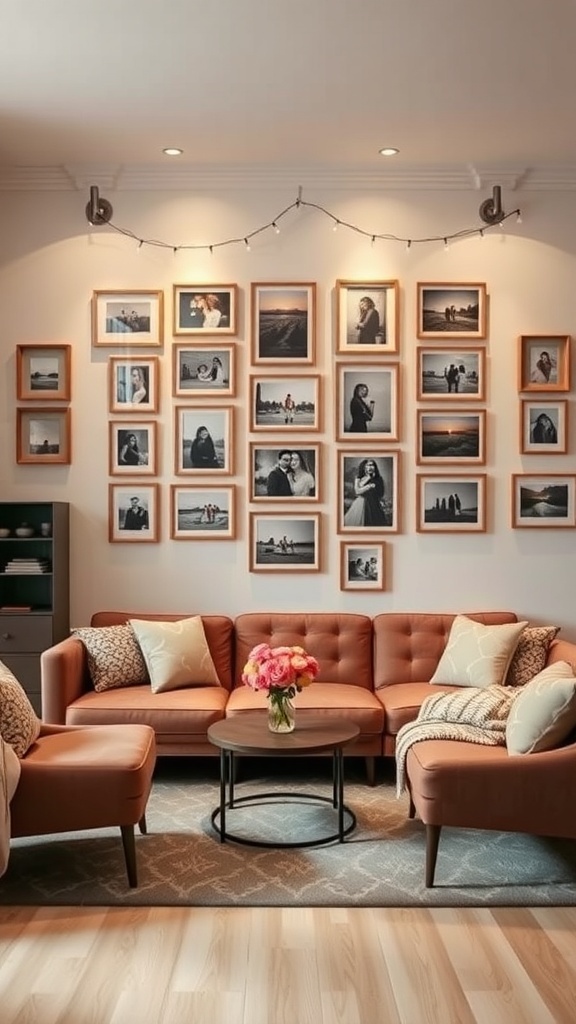A cozy living room with a personalized photo gallery on the wall, featuring framed black-and-white photos.