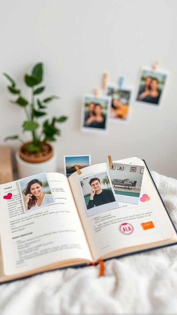 An open diary with personalized photo inserts, featuring snapshots clipped to the pages and hanging on a wall.