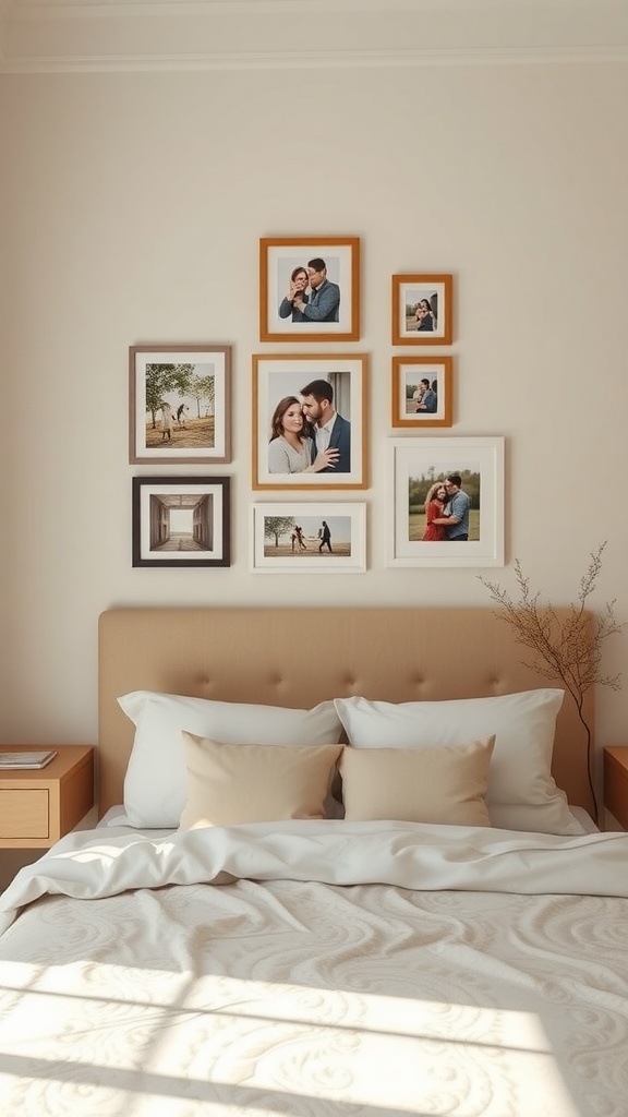 A cozy bedroom with a personalized photo wall featuring framed pictures of a couple's memories.