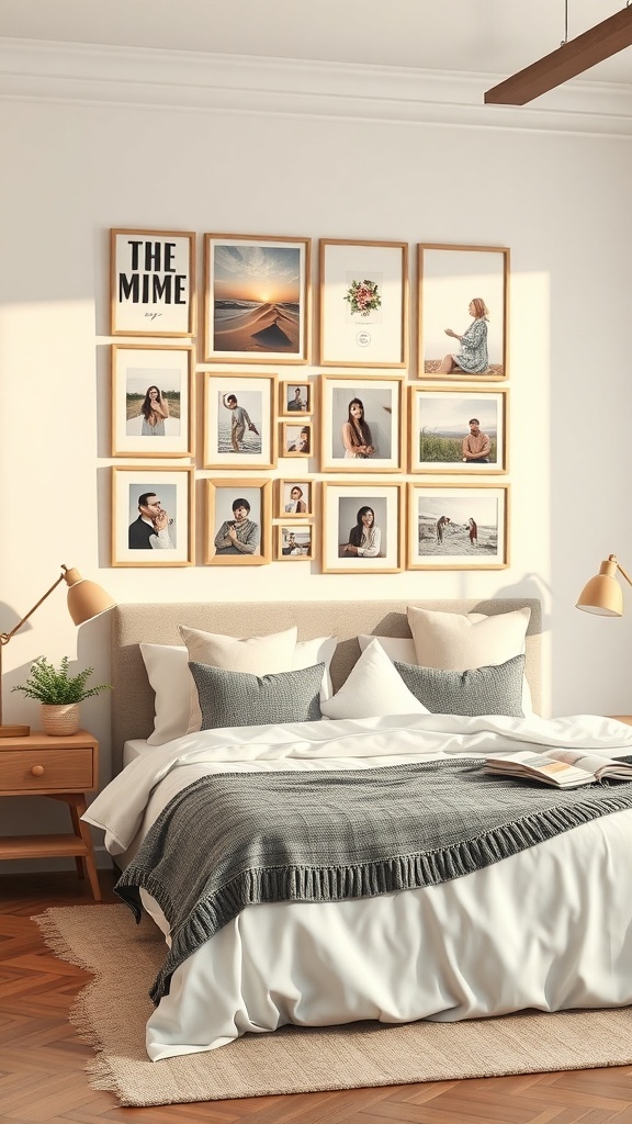 A romantic bedroom with a personalized photo wall featuring framed pictures and a cozy bed.