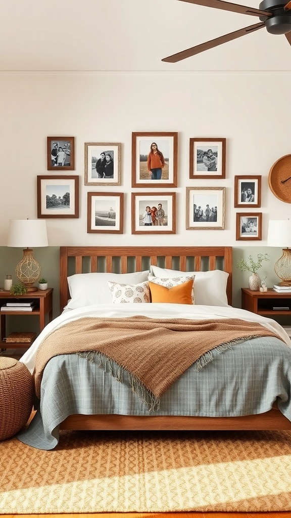 A cozy country teen bedroom with a personalized photo wall featuring framed pictures.
