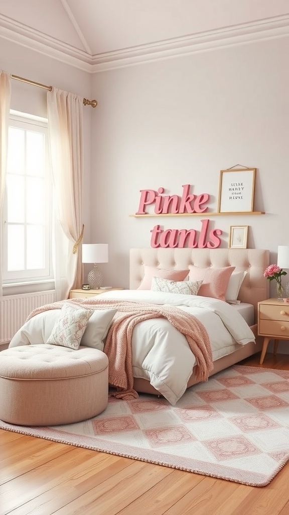 A cozy pink bedroom featuring soft pink decor, personalized wall art, and stylish furnishings.