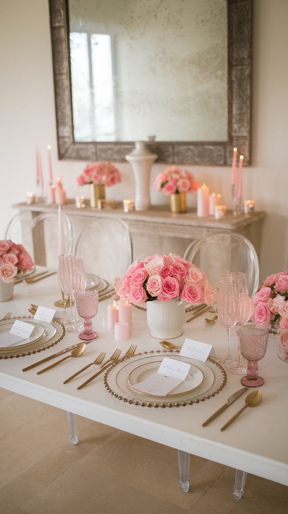 A beautifully set dining table with personalized place cards, pink roses, and candles.