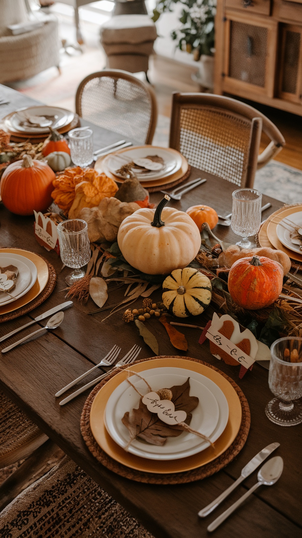 A beautifully set Thanksgiving table with personalized place cards, pumpkins, and autumn leaves.