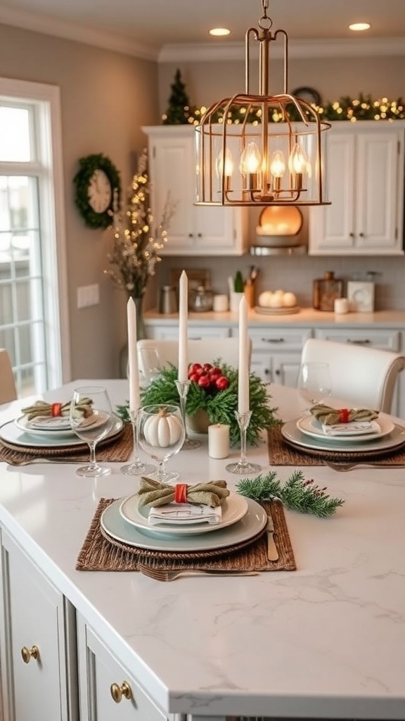 A beautifully decorated kitchen island with personalized place settings for Christmas, featuring elegant plates, glassware, and festive decor.