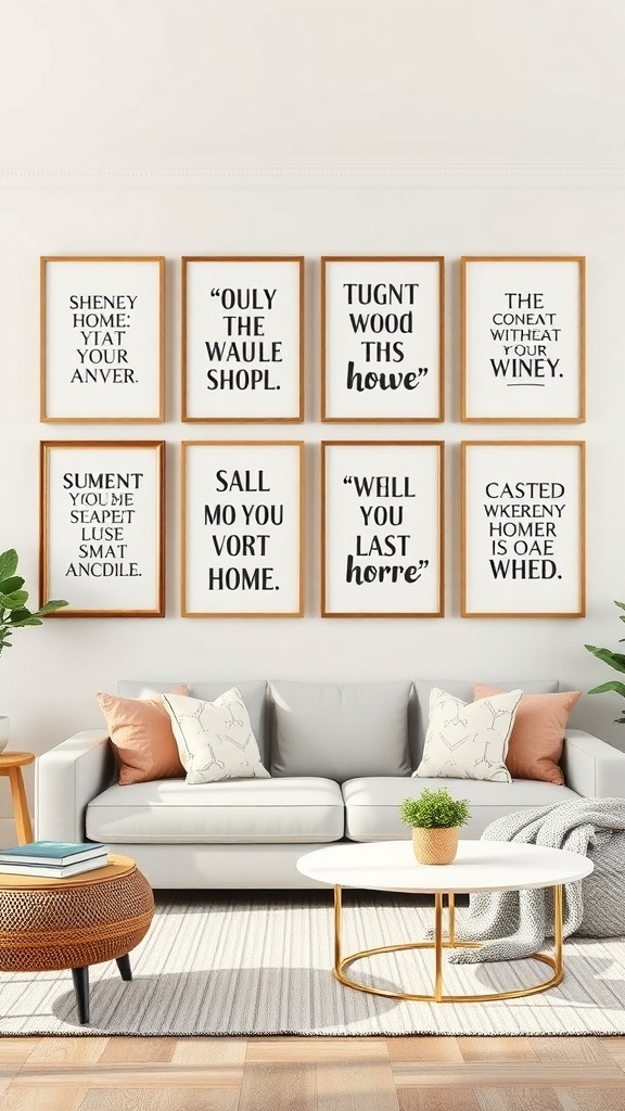 A gallery wall featuring framed quotes in a cozy living room setting.