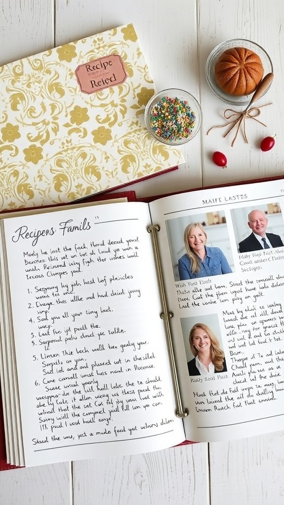 A beautiful personalized recipe book open to a page with recipes and family photos, along with sprinkles and a small cake on the side.