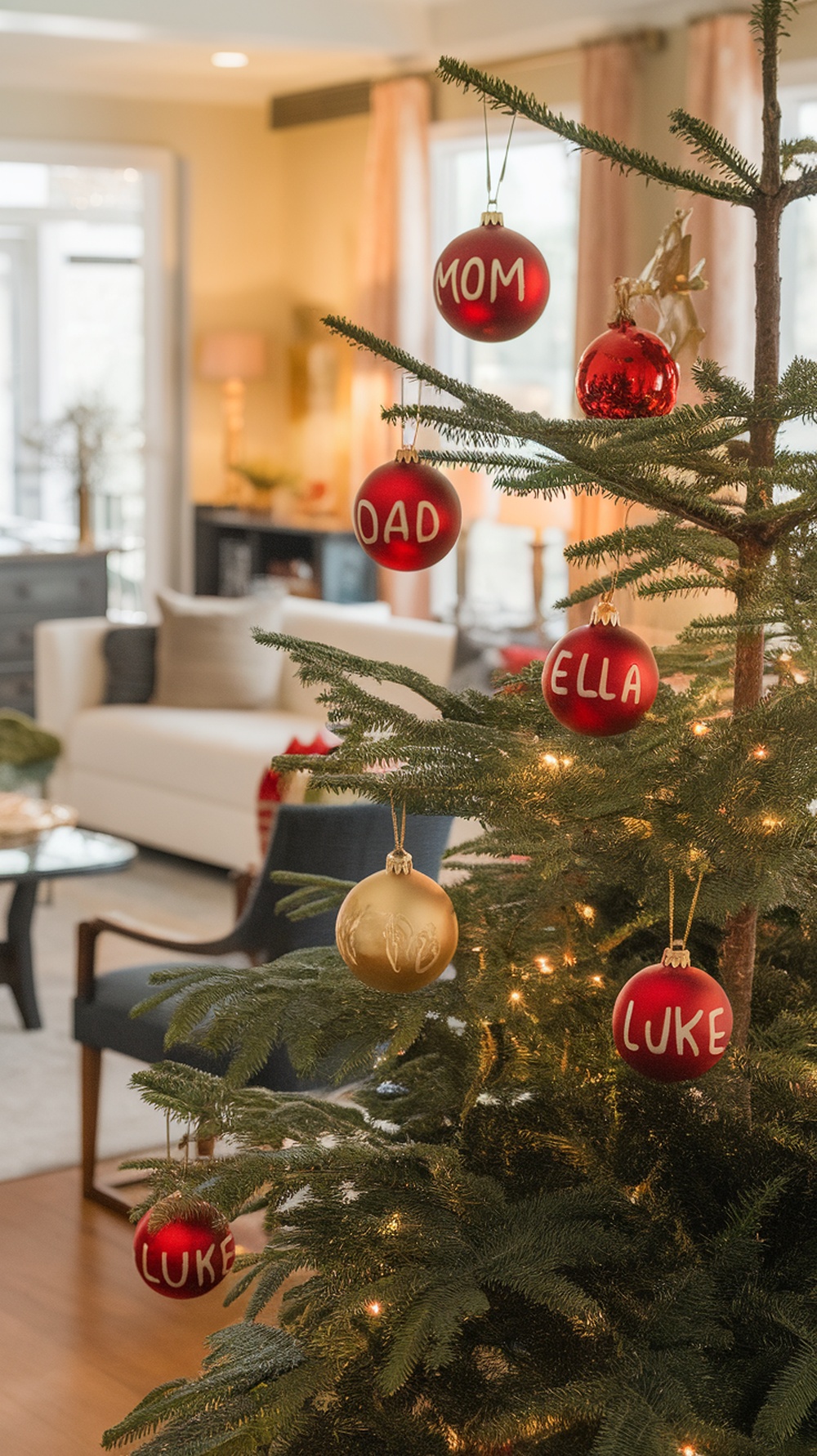 A Christmas tree decorated with personalized red and gold ornaments, featuring names like 'MOM', 'DAD', 'ELLA', and 'LUKE'.