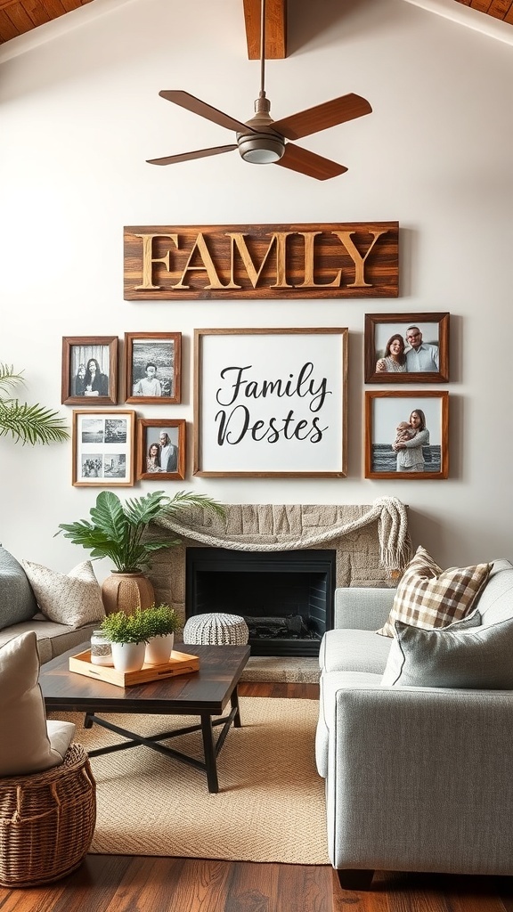 Cozy living room with rustic decor featuring family photos and a large 'FAMILY' sign.
