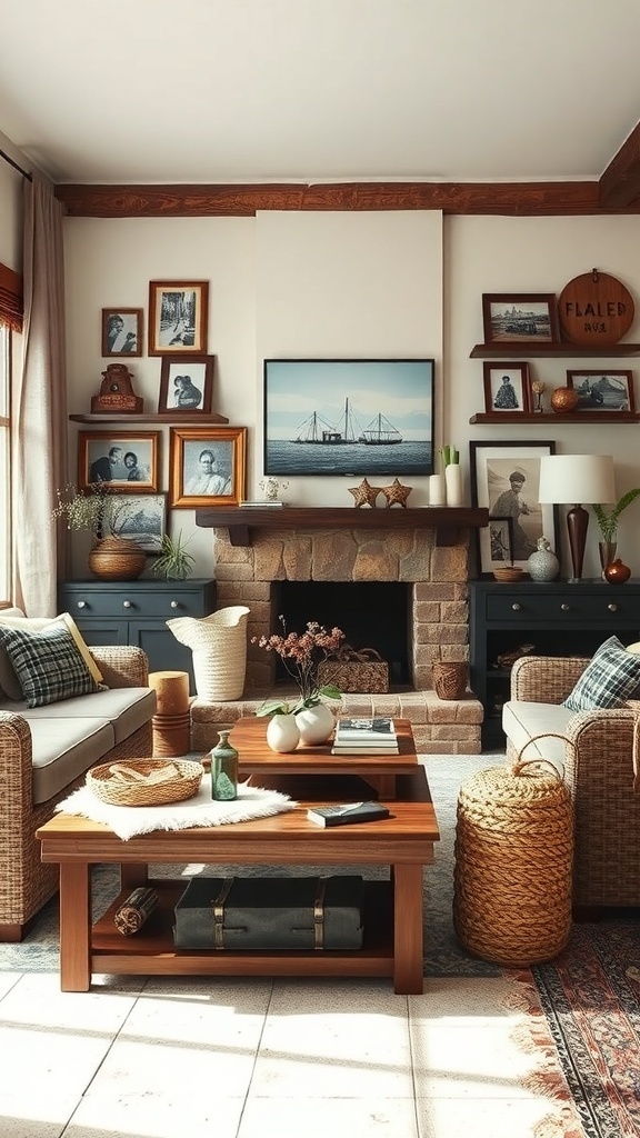 A cozy rustic living room with a stone fireplace, wooden furniture, and personal decor.