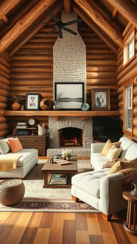 A cozy rustic cabin living room with wooden walls, a stone fireplace, and comfortable furniture.