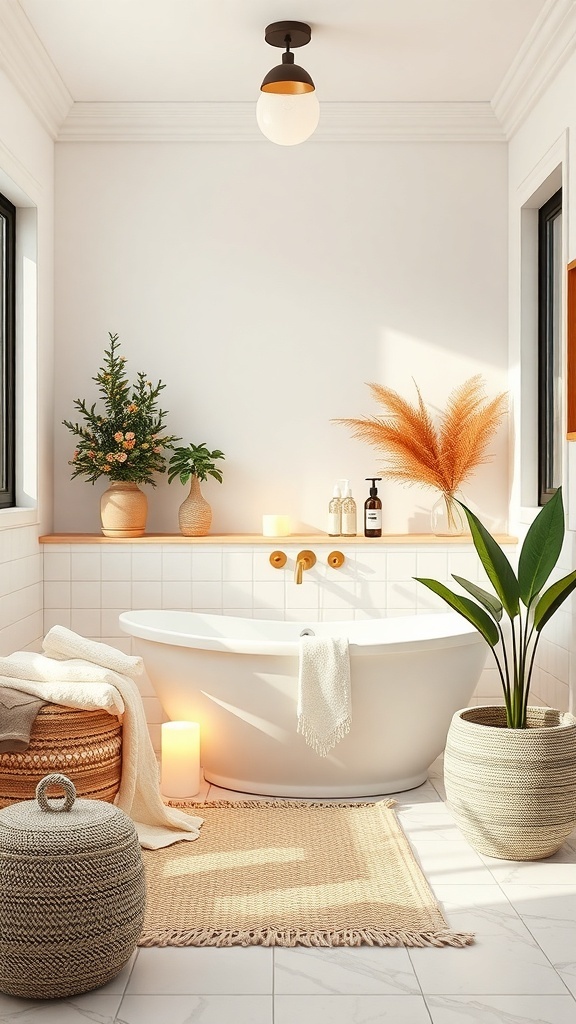 A modern bathroom featuring a freestanding tub, plants, and warm decor elements.