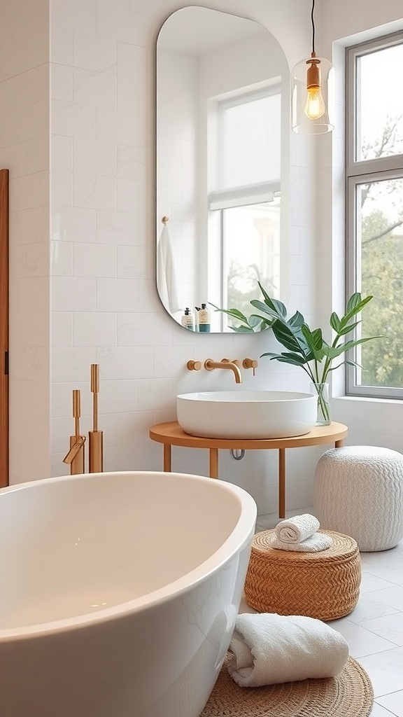 A modern spa-like bathroom featuring a freestanding tub, natural light, and greenery.