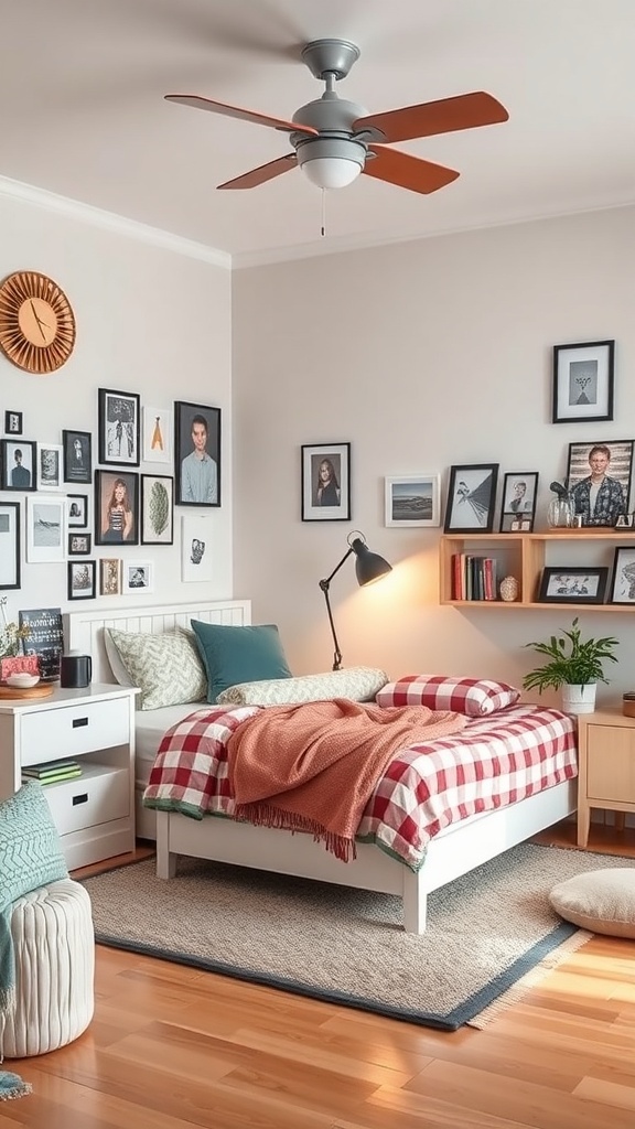 A modern teen boy bedroom featuring a checkered bedspread, framed photos on the wall, and cozy decor.
