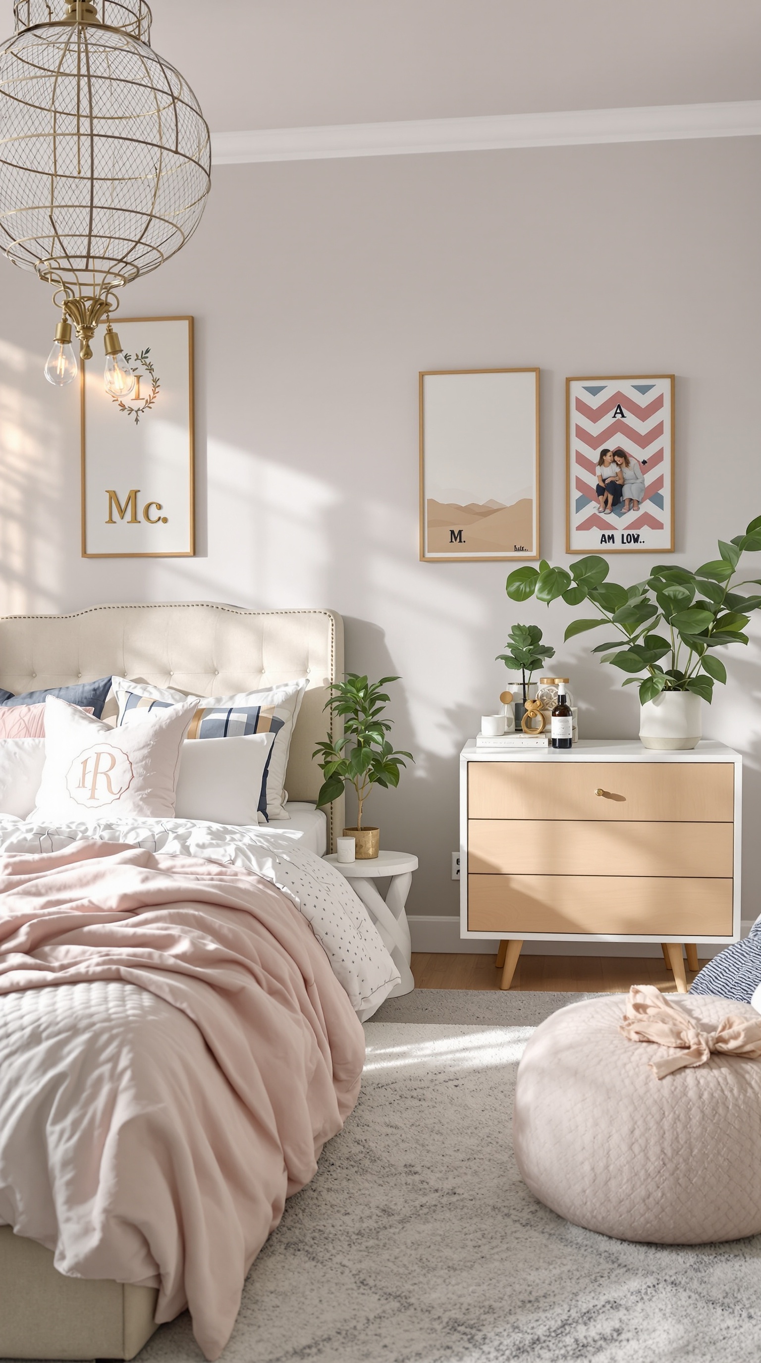 A cozy girl's bedroom with soft colors, decorative pillows, framed artwork, and plants.