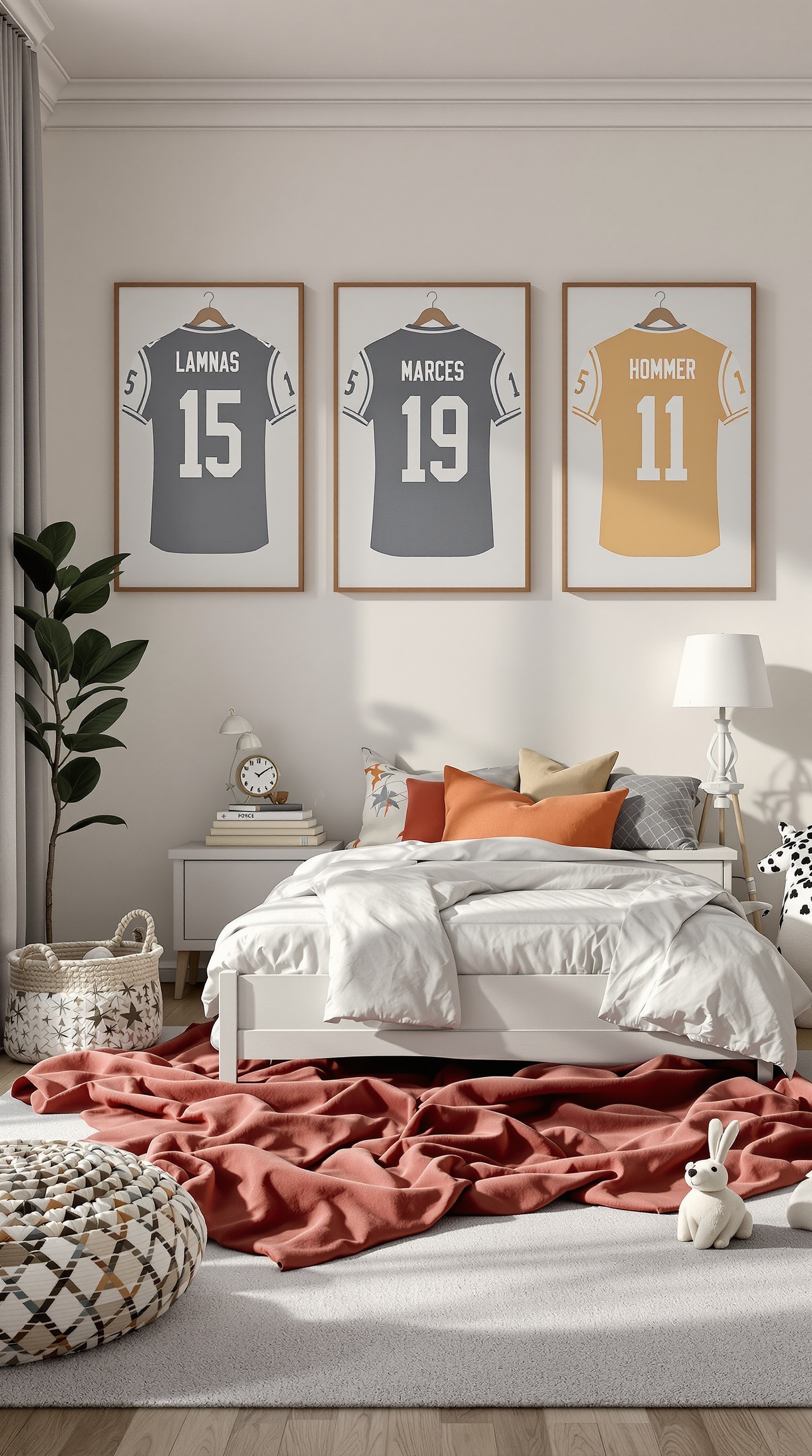 A cozy kids bedroom featuring three framed sports jerseys on the wall, a bed with colorful pillows, and a playful decor.