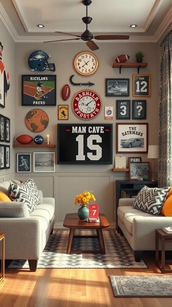 A cozy man cave with personalized sports memorabilia on the walls, including jerseys, helmets, and framed photos.