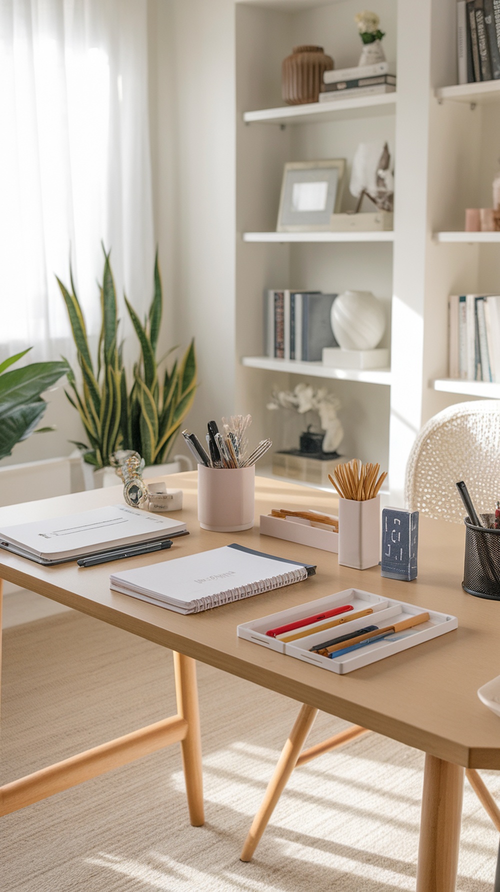 A well-organized study table with personalized stationery, including notebooks, pens, and a plant.