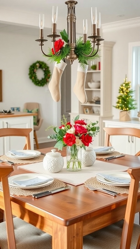 A beautifully decorated dining table with personalized stockings hanging from a chandelier, surrounded by festive decor.