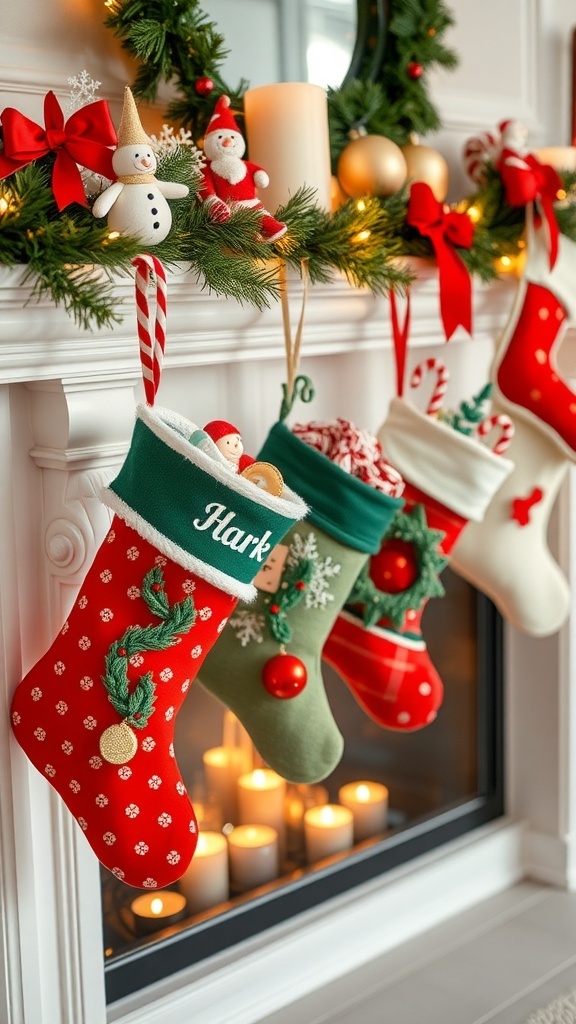 A festive display of personalized Christmas stockings hanging from a mantel, decorated with holiday ornaments and candles.