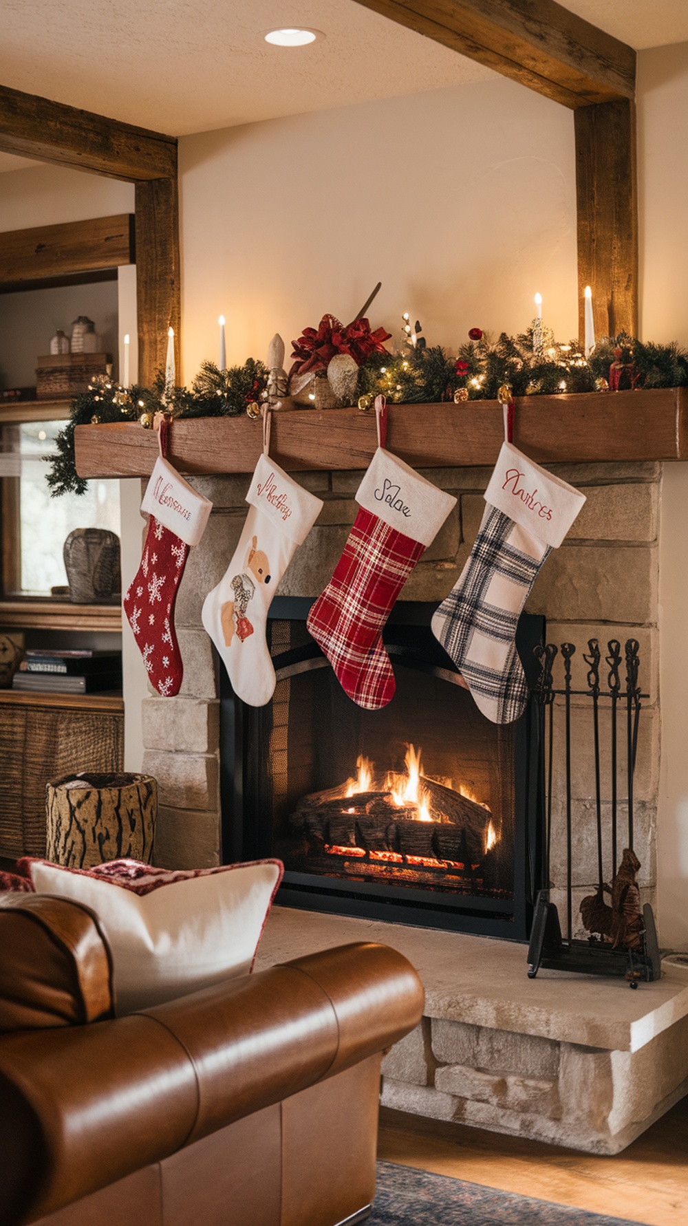 A cozy fireplace with personalized Christmas stockings hanging from the mantel, decorated with festive elements.