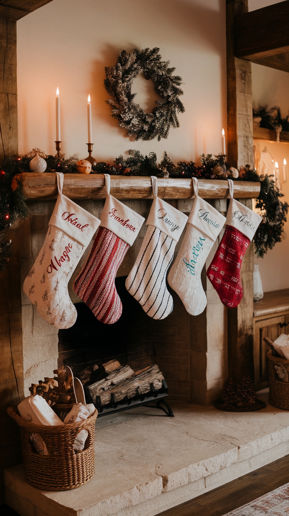 A cozy fireplace with personalized Christmas stockings hanging from the mantel, each with a different name embroidered on them.