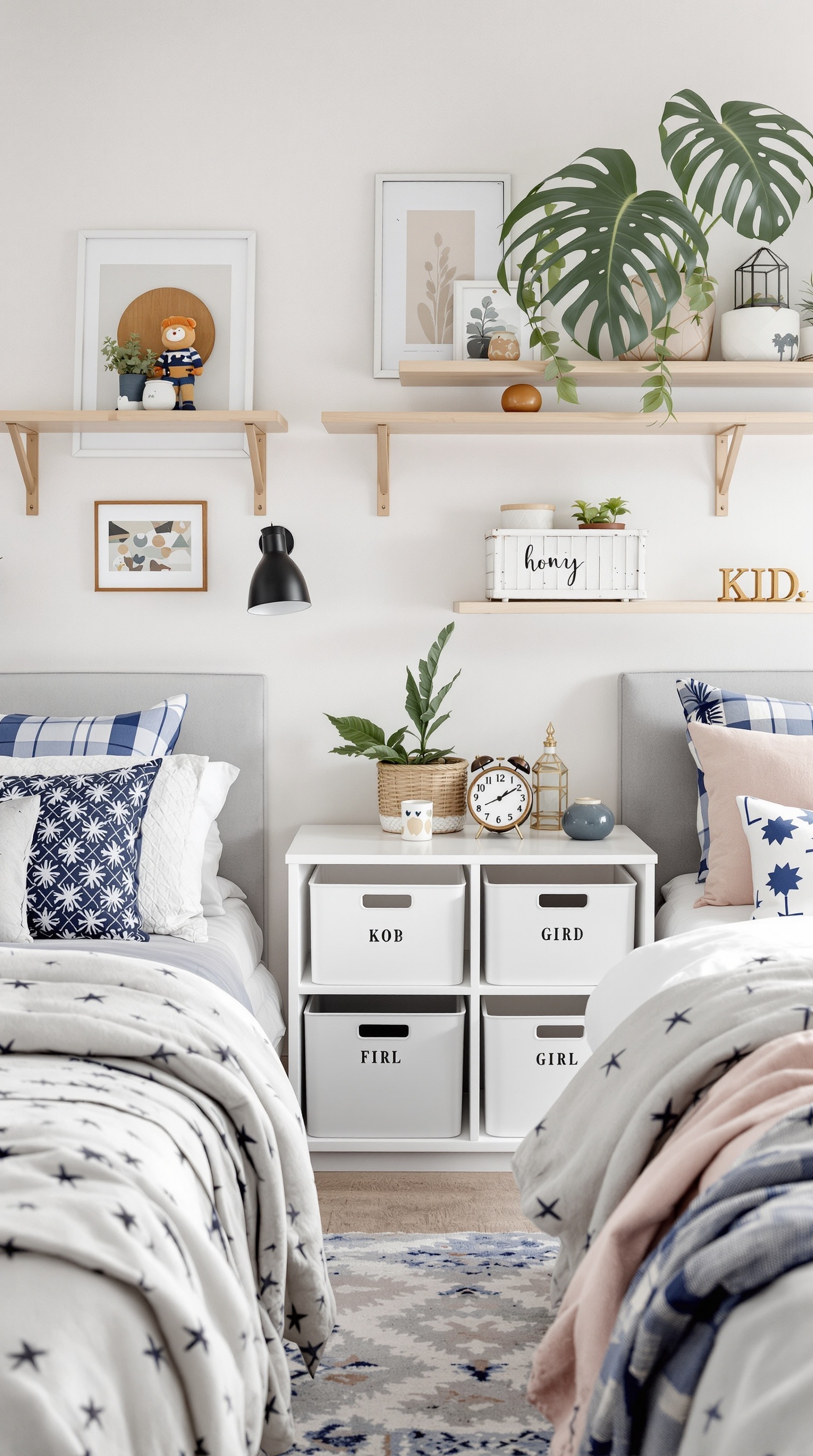A shared bedroom for a boy and girl featuring personalized storage solutions with labeled bins and decorative shelves.