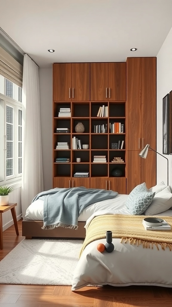 A small bedroom featuring wooden cabinetry, open shelving, and a cozy bed with decorative items.